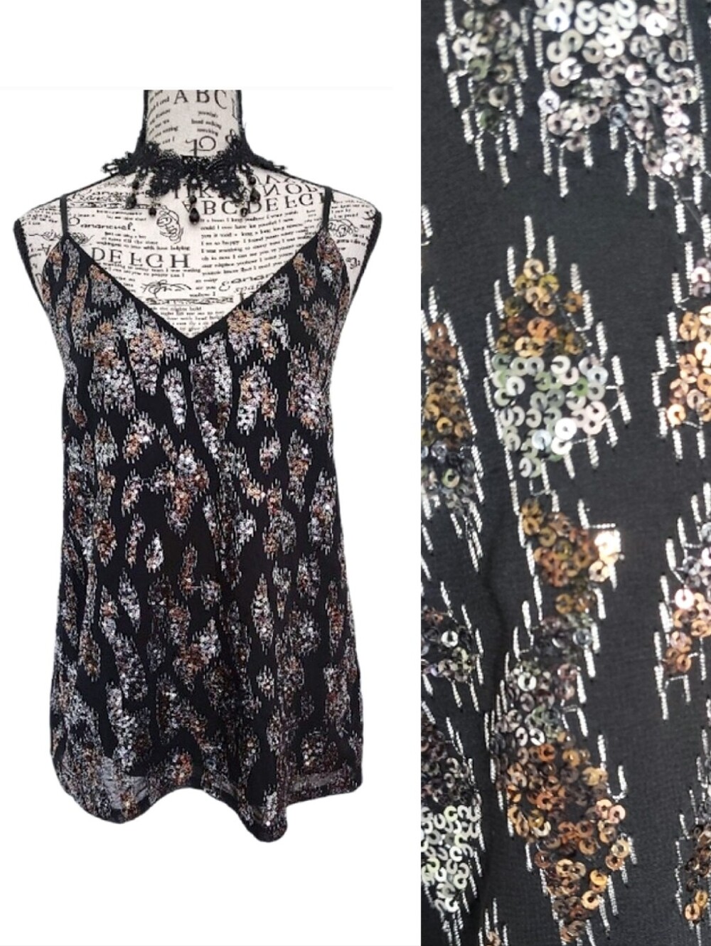 Express 2017 Black Gold Silver Sequins Layered Camisole Tank Top Large Festival